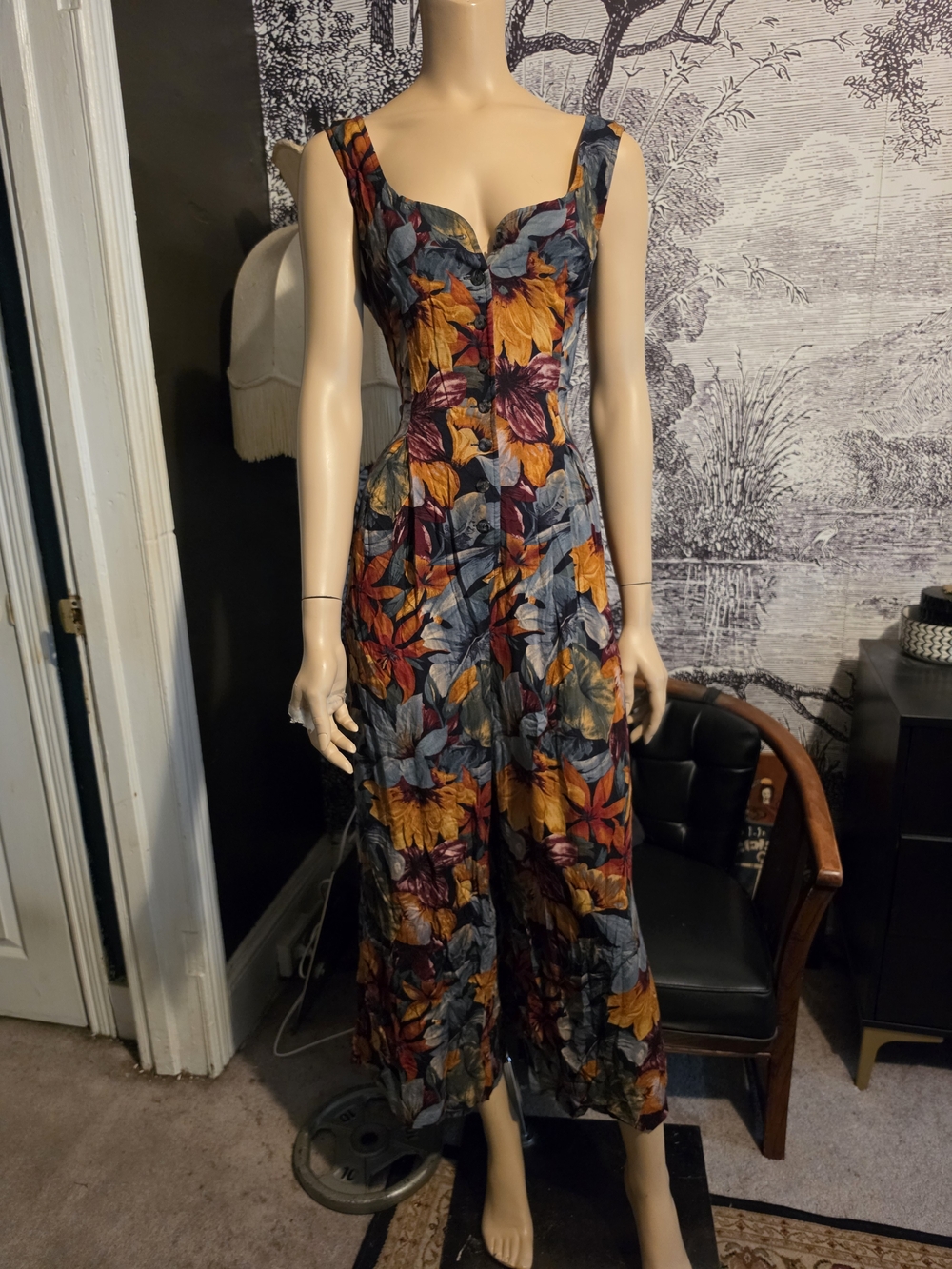 VTG 90s All That Jazz Floral Jumpsuit Open Back Bow Sweetheart Rayon S/M